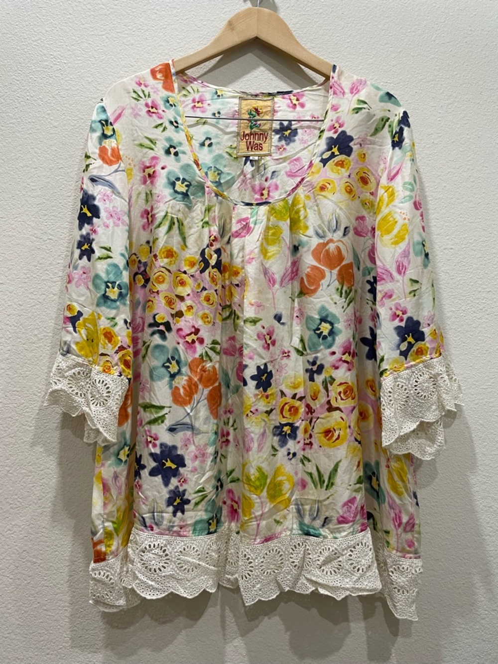 Johnny Was 100% Silk Floral Boho Blouse XL Lace Trim Cottagecore Peasant Top
